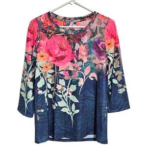 Soft Surroundings Christa Tunic Top SZ‎ XS Vibrant Multicolor Floral 3/4 Sleeve